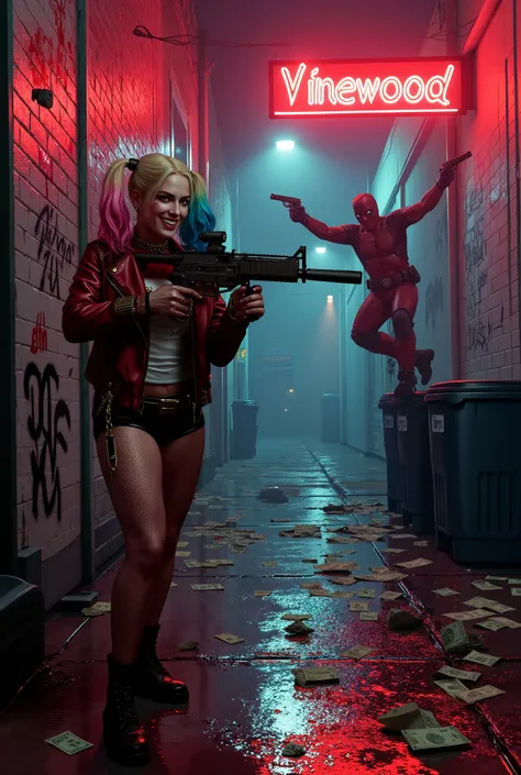 "Los Santos alley at night, wet floor with graffiti walls and scattered cash. Harley Quinn in a torn leather jacket shoots a submachine gun, smirking. Deadpool jumps over trash cans, dual-wielding pistols. Neon 'Vinewood' sign reflects blood on walls, smok...