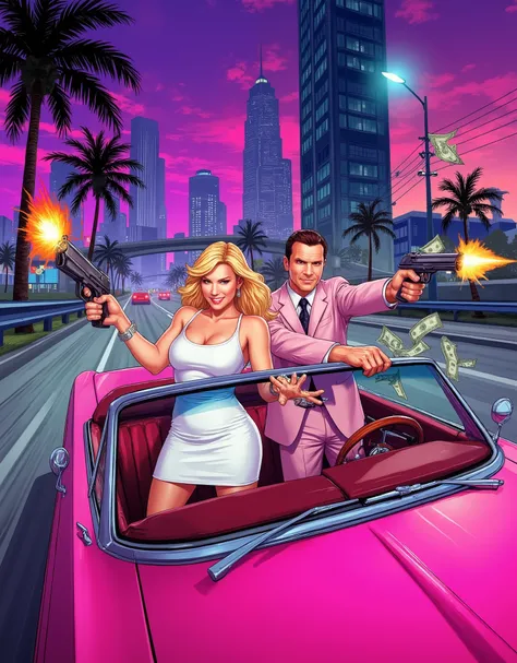 A fast-paced, dynamic image of a pink convertible speeding at breakneck speed, in which there are two people driving through the city at night, shooting pistols and surrounded by money. A GTA-style inscription: "WINNER, THE NIGHT BELONGS TO US." The charac...