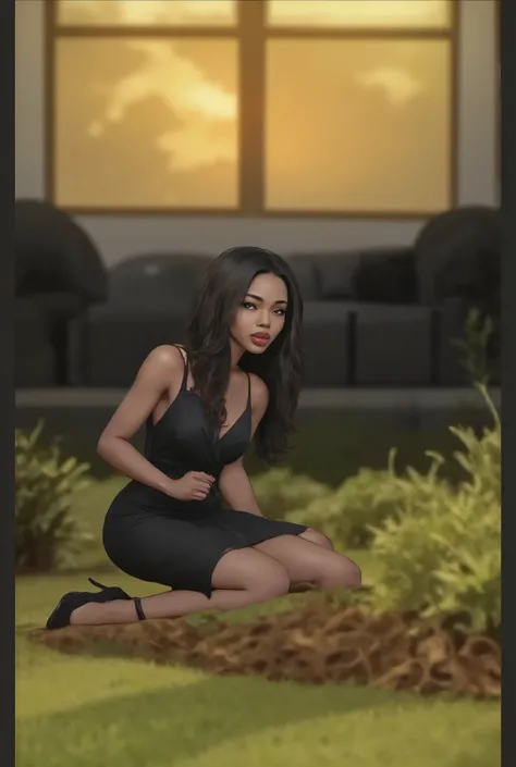A sad married woman crying with tears rolling down her faces, she is a black woman on her knees in the grass in front of her home at sunset, in a elegant spaghetti strip black dress with no sleeves, she is wearing black with red trim elegant high heels sti...