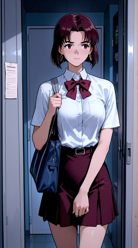 HD　Akagi Ritsuko　Wearing high school uniform　hair is brown　great style　laboratory office　I'm hanging my bag on my shoulder　Looking for people