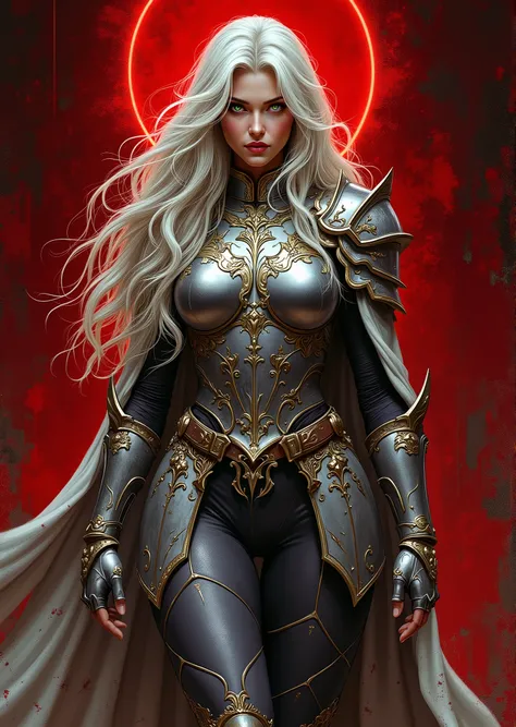 An extremely detailed comic book illustration of a stunningly beautiful extremely curvaceous Aasimar from dungeons and dragons descended from an angelic being infused with celestial power with features that hint at her celestial heritage such as metallic f...