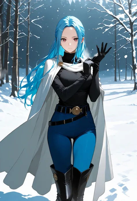 score9_up, score8_up, score7_up, solo, alone, masterpiece, best quality, nefertari-vivi, blue hair, brwon eyes, long hair, black boots, black thigh boots,blue pants, blue tight pants, black shirt, black belt, black gloves, belt, white cape, snow, very beau...