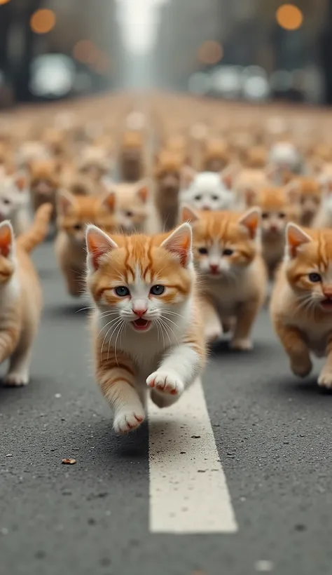 Realistic image of a large group of kittens running at their best on that roadway so there are no gaps in the roadway