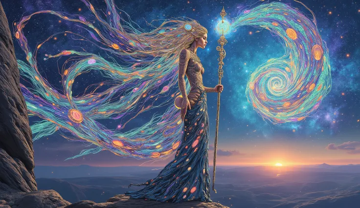 3 celestial sorceress with flowing, starlit hair stands on a precipice overlooking a swirling galaxy. Intricate cosmic tattoos adorn her skin, glowing with ethereal light. She holds a staff topped with a miniature, swirling nebula, channeling the power of ...