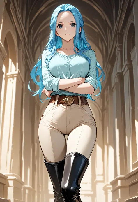 alone, solo, masterpiece, best quality, nefertari-vivi, blue hair, long hair,dominant, black boots, black thigh boots,beige pants, beige tight pants, light blue shirt, belt,looking at the viewer, expressionless arm crossed