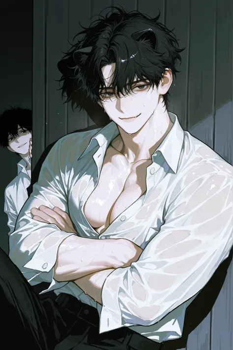 male, handsome, mature male, muscular build, broad shoulders, partially unbuttoned white shirt, open collar, exposed chest, pale skin, flushed cheeks, sweaty skin, sweat glistening on chest, dominant attitude, animal ears, black sea otter ears, black hair,...