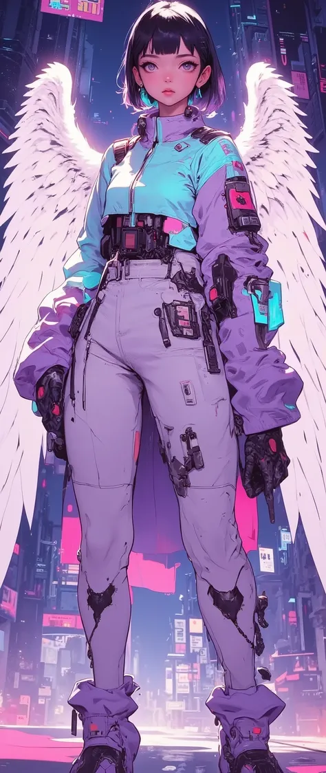 Two young girls with beautiful, very voluminous snow-white wings reaching all the way to the ground, stand side by side against the backdrop of a vibrant cyberpunk urban landscape.  They demonstrate confident and determined behavior, their gazes are direct...