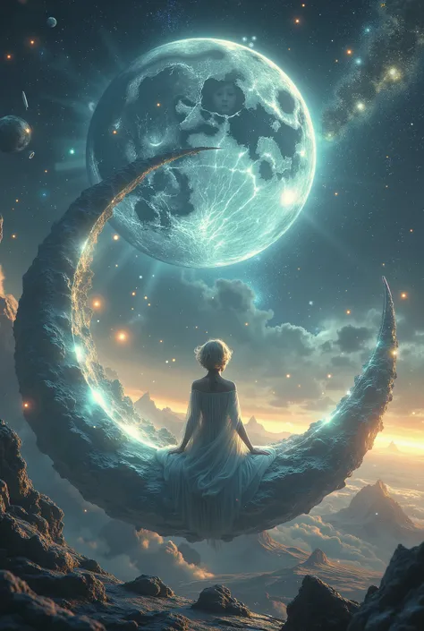 beautiful moon queen navigating to a glowing translucent crystal ball moon, all integrated into a kind of whole entity, sitting on a crescent moon, 8k resolution Astronaut, ALIEN PLANET, ultra beautiful blonde short haired tall Nordic Woman, within round e...