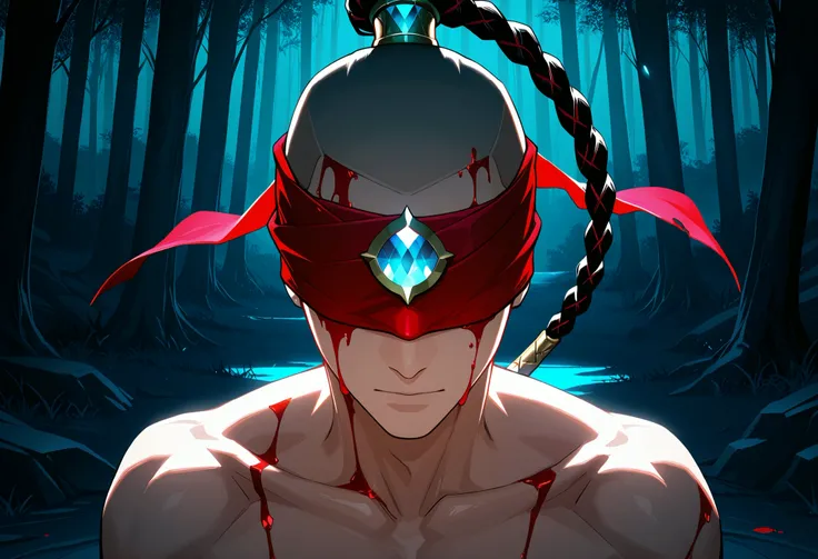  LeeSin, 1man, solo, shaved head, long black braid hairstyle, red blindfold with decoration, bristle,, forest, close up, bare collarbone, free neck, round diamond on blindfold, round blue diamond, blood on face, atmospheric lighting, atmospheric haze, insa...