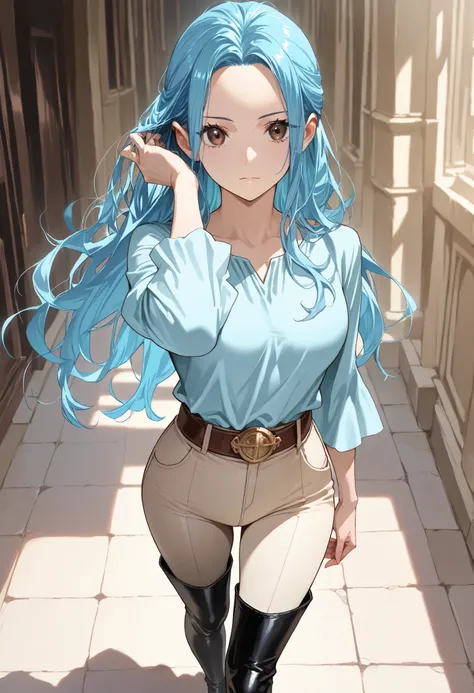 alone, solo, masterpiece, best quality, nefertari-vivi, blue hair, brown eyes, long hair,dominant, black boots, black thigh boots,beige pants, beige tight pants, light blue shirt, belt,looking at the viewer, expressionless, a hand tucking her hair behind h...