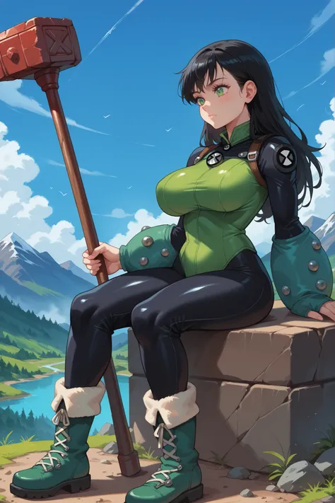 BREAK, 1girl, solo, bodysuit, black pants, Big breasts, bodysuit, green bodysuit, green eyes, black hair, single elbow glove, green gloves, blue sky, chestnut mouth, mountain, sitting, giantess, sleeves, long sleeves, black sleeves, giant hammer, Big hamme...