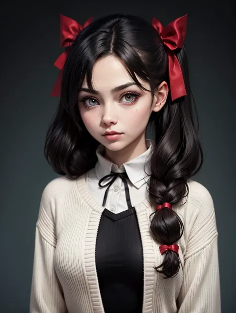 1 menina, Rin Tohsaka, Sozinho, long hair,  sweater , red  sweater , costume looking at the viewer, fundo azul, black hair, simple background, two sides up, gola alta, olhos azuis, lips,  mouth shut, ribbon, hair ribbon, franja, gola alta  sweater , upper ...