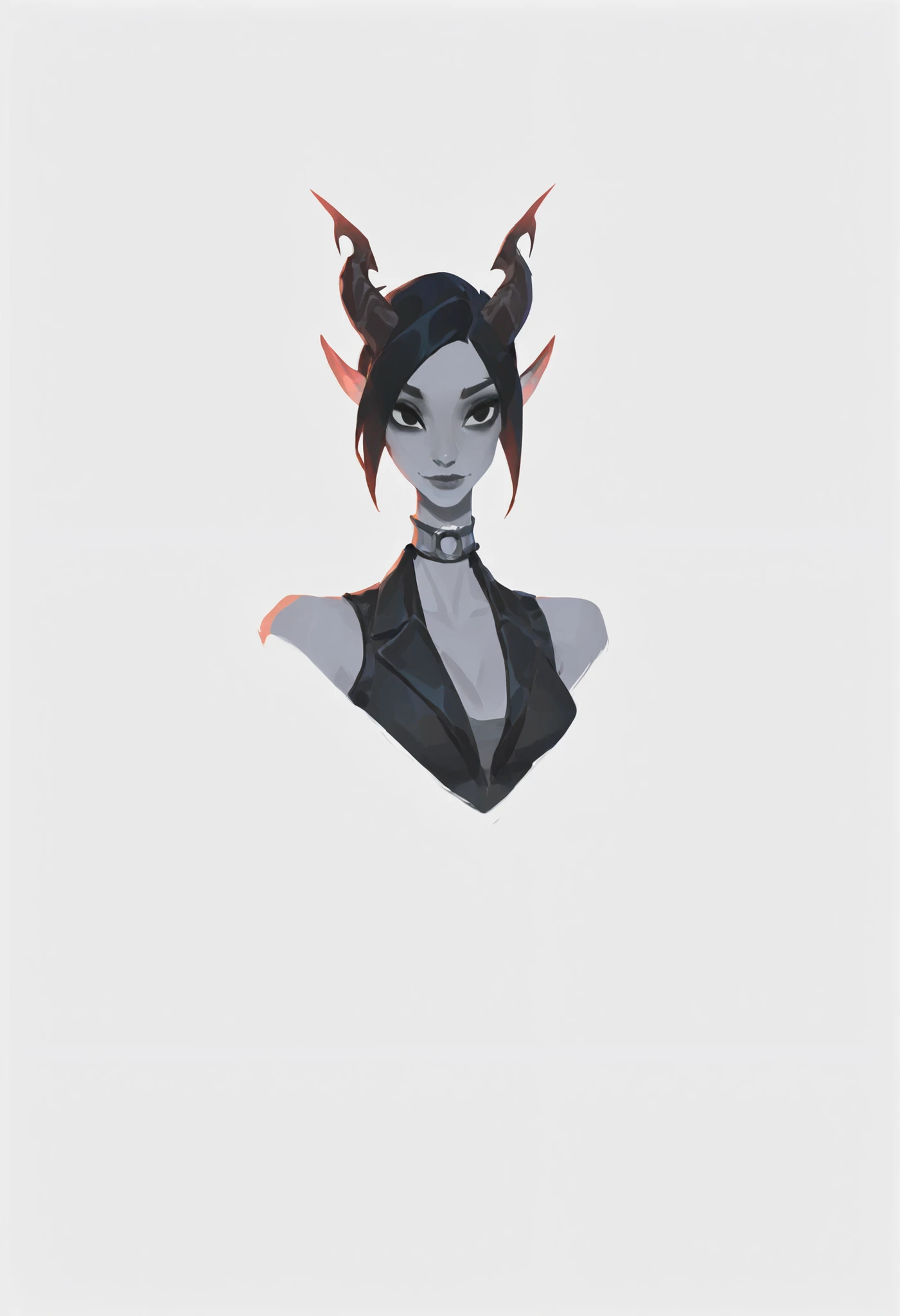 sevenseven, masterpiece, vivid, gradient, smooth, semi-realism,   high res image,  best quality, detailed face, detailed eyes, pupils, solo,  1girl, tiefling, black vest,  black eyes, choker, (bobcut:1.1), white background, facing viewer, 