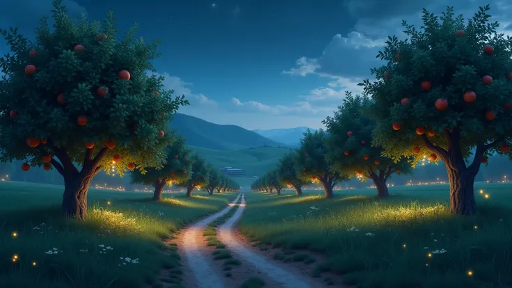 "Create a lifelike depiction of a peaceful countryside orchard glowing softly under the stars."