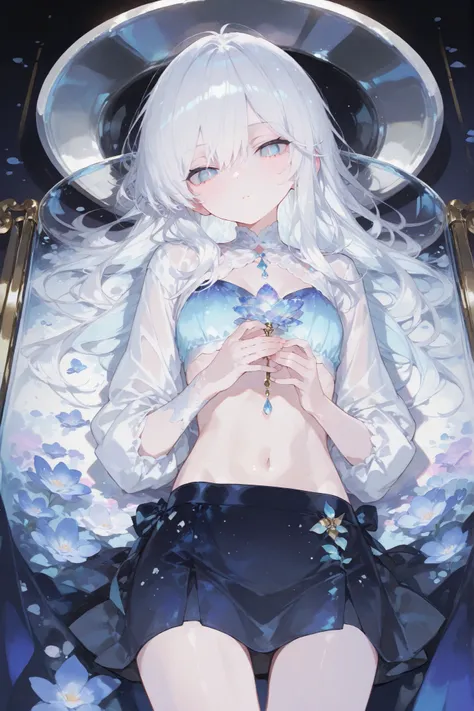 Silvery white hair,light blue eyes, Droplets of Pupils,wallpaper,((best quality)),very beautiful,(Super Detail),bright colors,((very detailed)), (fair), ((pretty girl on a glass plate)), and my skin is white,((precise description)),high resolution,waterco...