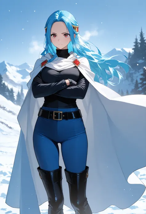 score9_up, score8_up, score7_up, solo, alone, masterpiece, best quality, nefertari-vivi, blue hair, brwon eyes, long hair, black boots, black thigh boots,blue pants, blue tight pants, black shirt, black belt, black gloves, black belt, white cape, snow, ver...
