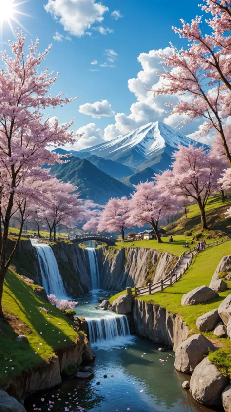 Landscape image with vivid beautiful flowers blooming all over, realistic, top quality, masterpiece, 8k, commercial, landscape, mystery, spring landscape, landscape style, Ghibli style, starting from spring mountains and cherry blossoms, to clear stream an...