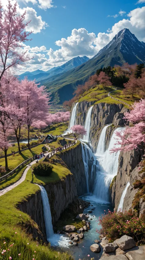 Landscape image with vivid beautiful flowers blooming all over, realistic, top quality, masterpiece, 8k, commercial, landscape, mystery, spring landscape, landscape style, Ghibli style, starting from spring mountains and cherry blossoms, to clear stream an...