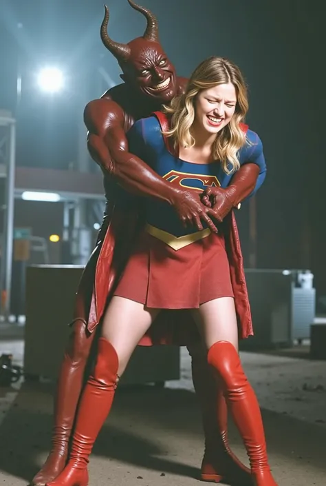 Melissa Benoist as Supergirl, (a very short skirt), both arms behind her back, wearing a Supergirl costume, blue shirt and red skirt, (upskirt0, red high boots, she is sexual assaulted from behind by a devil, embarrassment, ((painful face)), (Supergirl is ...