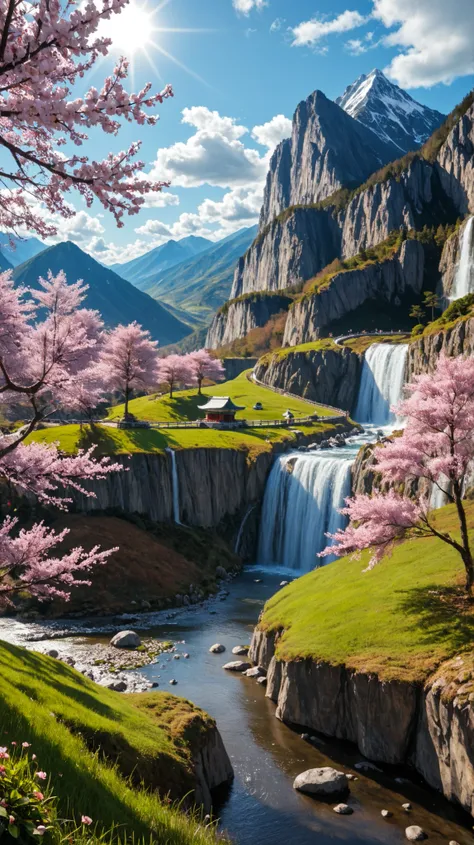 Landscape image with vivid beautiful flowers blooming all over, realistic, top quality, masterpiece, 8k, commercial, landscape, mystery, spring landscape, landscape style, Ghibli style, starting from spring mountains and cherry blossoms, to clear stream an...