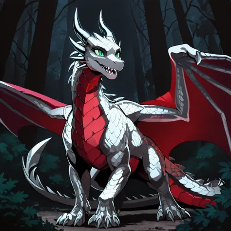 anime style, anime shading, clean lines, masterpiece, best quality, full body picture, centered, enderdragon, feral, dragon, female dragon, 1girl, long horns, wings, claws, tail, green eyes, perfect eyes, overlapping red chest scales, dark background, silv...