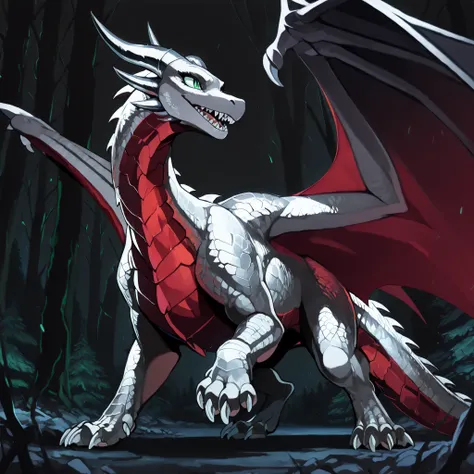 anime style, anime shading, clean lines, masterpiece, best quality, full body picture, centered, enderdragon, feral, dragon, female dragon, 1girl, long horns, wings, claws, tail, green eyes, perfect eyes, overlapping red chest scales, dark background, silv...