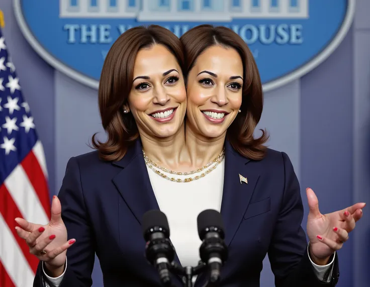 realistic face two headed Kamala Harris in business suit, us president, very fit, two heads, conjoined, white polo shirt, round, White House briefing room, us flag pin on blazer, red fingernails, red lips, straight hair, necklace, large shoulders, smiling,...