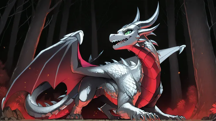 anime style, anime shading, clean lines, masterpiece, best quality, full body picture, centered, enderdragon, feral, dragon, female dragon, 1girl, long horns, wings, claws, tail, green eyes, perfect eyes, overlapping red chest scales, dark background, silv...