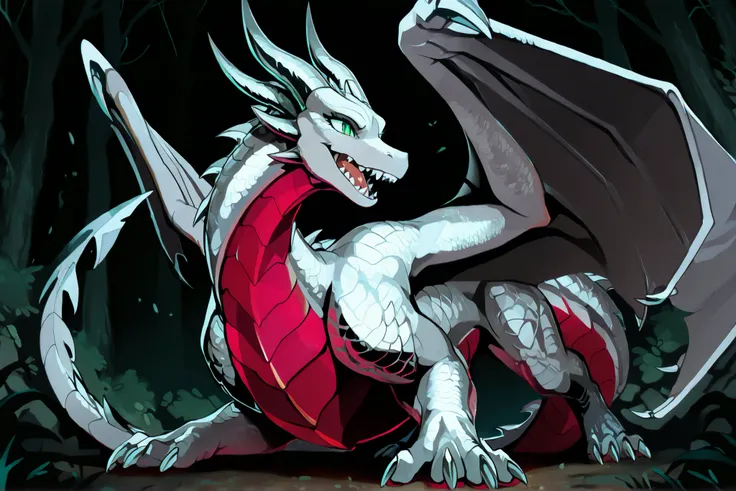 anime style, anime shading, clean lines, masterpiece, best quality, full body picture, centered, enderdragon, feral, dragon, female dragon, 1girl, long horns, wings, claws, tail, green eyes, perfect eyes, overlapping red chest scales, dark background, silv...