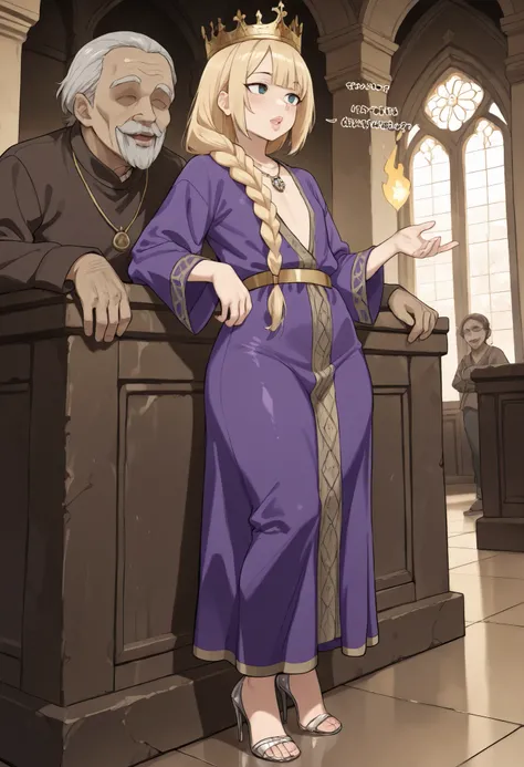 score_9, score_8_up, score_7_up, score_6_up, score_5_up, score_4_up, SFW, BREAK, best quality, amazing quality, very aesthetic, absurdres,
mature, femboy, blonde long loose-braid hair bangs, crown, royal decorated stilletto heels, flat chest, simple pearly...
