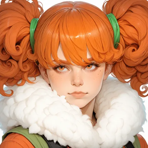 Applejack and Videl san hippier realistic detailed freckled too freckled and flat nose and a little bigger fluffy pigtails fluffy fluffy down tousled and curly hair fluffy fluffy Too curly, fluffy, very large, and fluffy hair on a white background, full he...