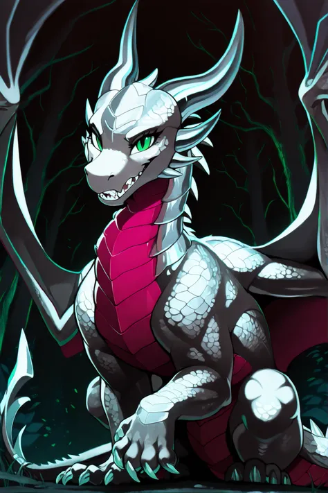 anime style, anime shading, clean lines, masterpiece, best quality, full body picture, centered, enderdragon, feral, dragon, female dragon, 1girl, long horns, wings, claws, tail, green eyes, perfect eyes, overlapping red chest scales, dark background, silv...