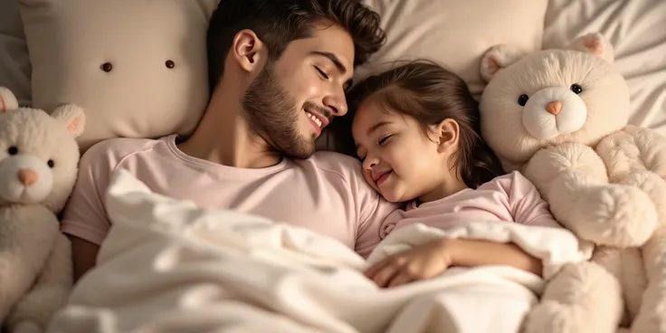 Photo - daughter and dad in identical pajamas - lying on the bed covered with blankets and soft toys around - realism, 8k?, photorealism - ! Europeans ! real photo