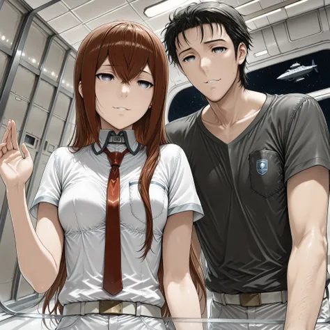 ((Best Quality)),( super high definition),(Super detailed),( detailed description ),((The best CG)),(masterpiece),(1boy and 1girl,1boy is a Okabe rintaro,1girl is a Makise Kurisu,the girl is no jacket ),(2人は科学者, Apollo spacecraft development:1.3),(backgrou...