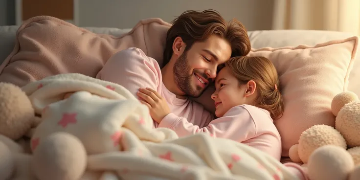 Photo - daughter and dad in identical pajamas - lying on the bed covered with blankets and soft toys around - realism, 8k?, photorealism - ! Europeans ! real photo - !!dad and daughter are blondes!!