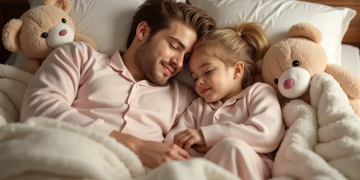 Photo - daughter and dad in identical pajamas - lying on the bed covered with blankets and soft toys around - realism, 8k?, photorealism - ! Europeans ! real photo - !!dad and daughter are blondes!!