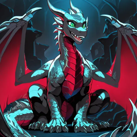 anime style, anime shading, clean lines, masterpiece, best quality, full body picture, centered, enderdragon, feral, dragon, female dragon, 1girl, long horns, wings, claws, tail, green eyes, perfect eyes, overlapping red chest scales, in a dark bedroom, da...