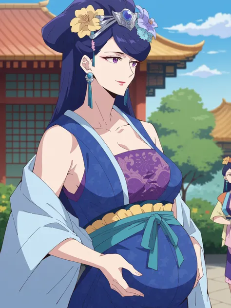 top quality, masterpiece,staring at viewers,sleeveless top with p,Pregnant women,armpits,Pear Blossom,Every Single Person at the Drugstore,long hair, purple eyes, purple hair, flower, earrings, hair flower, makeover, lipstick,Chest, Jewelry, Chinese cloth...