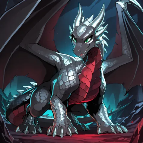 anime style, anime shading, clean lines, masterpiece, best quality, full body picture, centered, enderdragon, feral, dragon, female dragon, 1girl, long horns, wings, claws, tail, green eyes, perfect eyes, overlapping red chest scales, in a dark bedroom, da...