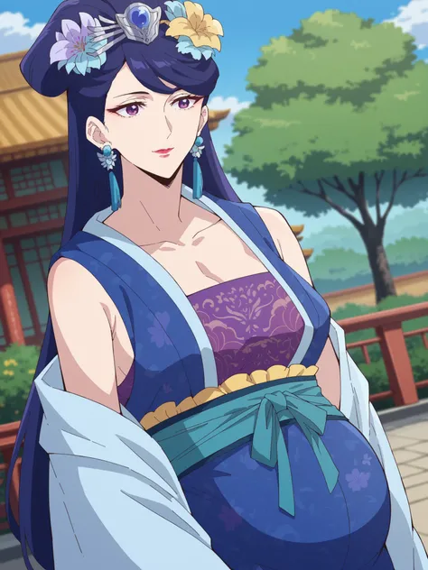 top quality, masterpiece,staring at viewers,sleeveless top with p,Pregnant women,armpits,Pear Blossom,Every Single Person at the Drugstore,long hair, purple eyes, purple hair, flower, earrings, hair flower, makeover, lipstick,Chest, Jewelry, Chinese cloth...
