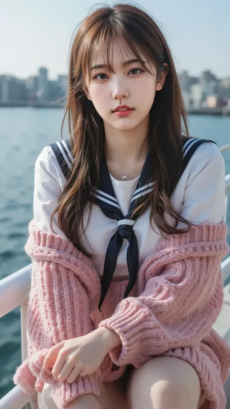 (((chest이 매우 무겁다))),NASSFY, 16k raw photo , Premium, masterpiece, ultra high resolution, (( She is wearing beautiful, revealing red clothes ( High school sailor suit).
(Navy Sailor Collar :1.4),( white shirt:1.4),( navy pleated skirt:1.4),(navy ribbon:...