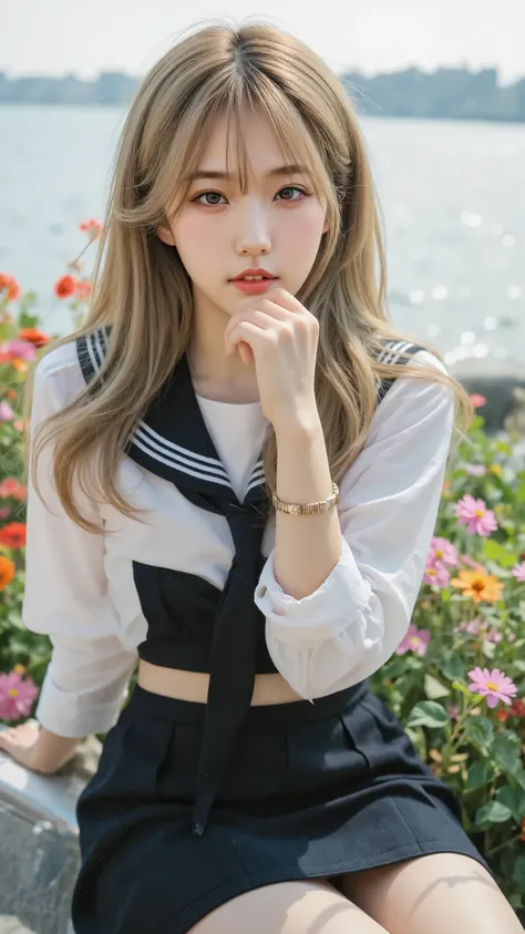 (((chest이 매우 무겁다))),NASSFY, 16k raw photo , Premium, masterpiece, ultra high resolution, (( She is wearing beautiful, revealing red clothes ( High school sailor suit).
(Navy Sailor Collar :1.4),( white shirt:1.4),( navy pleated skirt:1.4),(navy ribbon:...