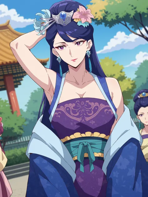 top quality, masterpiece,staring at viewers,sleeveless top with p,Pregnant women,armpits,Pear Blossom,Every Single Person at the Drugstore,long hair, purple eyes, purple hair, flower, earrings, hair flower, makeover, lipstick,Chest, Jewelry, Chinese cloth...