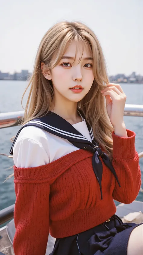 (((chest이 매우 무겁다))),NASSFY, 16k raw photo , Premium, masterpiece, ultra high resolution, (( She is wearing beautiful, revealing red clothes ( High school sailor suit).
(Navy Sailor Collar :1.4),( white shirt:1.4),( navy pleated skirt:1.4),(navy ribbon:...