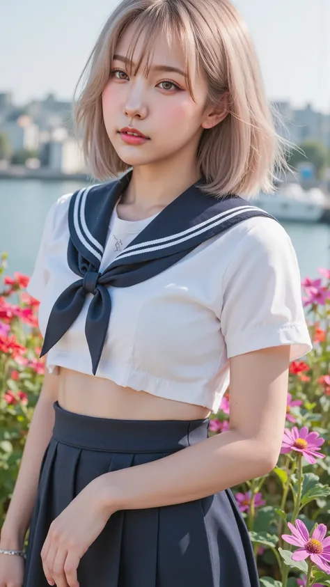 (((chest이 매우 무겁다))),NASSFY, 16k raw photo , Premium, masterpiece, ultra high resolution, (( She is wearing beautiful, revealing red clothes ( High school sailor suit).
(Navy Sailor Collar :1.4),( white shirt:1.4),( navy pleated skirt:1.4),(navy ribbon:...