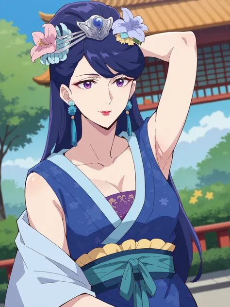 top quality, masterpiece,staring at viewers,sleeveless top with p,Pregnant women,armpits,Pear Blossom,Every Single Person at the Drugstore,long hair, purple eyes, purple hair, flower, earrings, hair flower, makeover, lipstick,Chest, Jewelry, Chinese cloth...