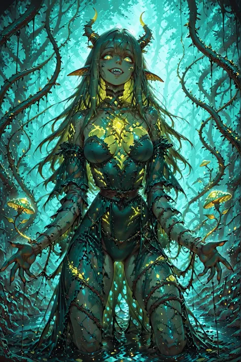 ((masterpiece, best quality, amazing quality, hyper-detailed)), (absurd, very aesthetic), (hyper-detailed background, lighting), (1girl, tall, hauntingly beautiful swamp monster, female form, emerald glowing eyes, moss-covered skin, long tangled wet hair w...