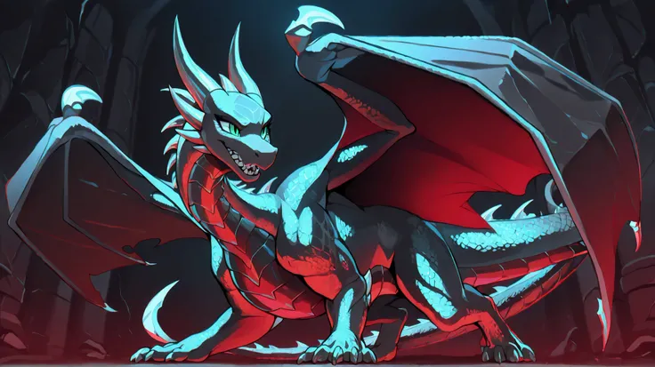 anime style, anime shading, clean lines, masterpiece, best quality, full body picture, centered, enderdragon, feral, dragon, female dragon, 1girl, long horns, wings, claws, tail, green eyes, perfect eyes, overlapping red chest scales, in a dark bedroom, da...