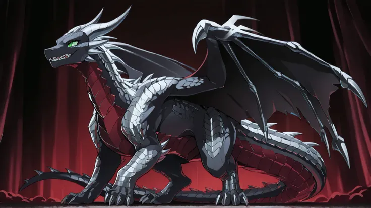 anime style, anime shading, clean lines, masterpiece, best quality, full body picture, centered, enderdragon, feral, dragon, female dragon, 1girl, long horns, wings, claws, tail, green eyes, perfect eyes, overlapping red chest scales, dark silver scales, s...