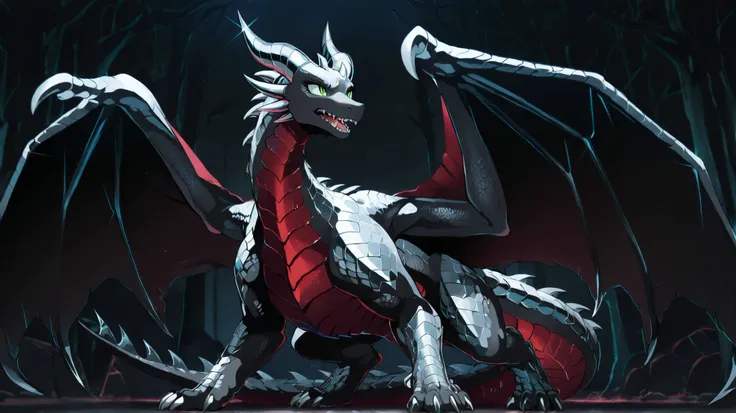 anime style, anime shading, clean lines, masterpiece, best quality, full body picture, centered, enderdragon, feral, dragon, female dragon, 1girl, long horns, wings, claws, tail, green eyes, perfect eyes, overlapping red chest scales, dark silver scales, s...